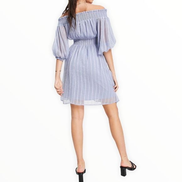 ASOS Maternity Off Shoulder Blue Stripe Mini Dress with Sheer Blouson Sleeve - Picture 3 of 14